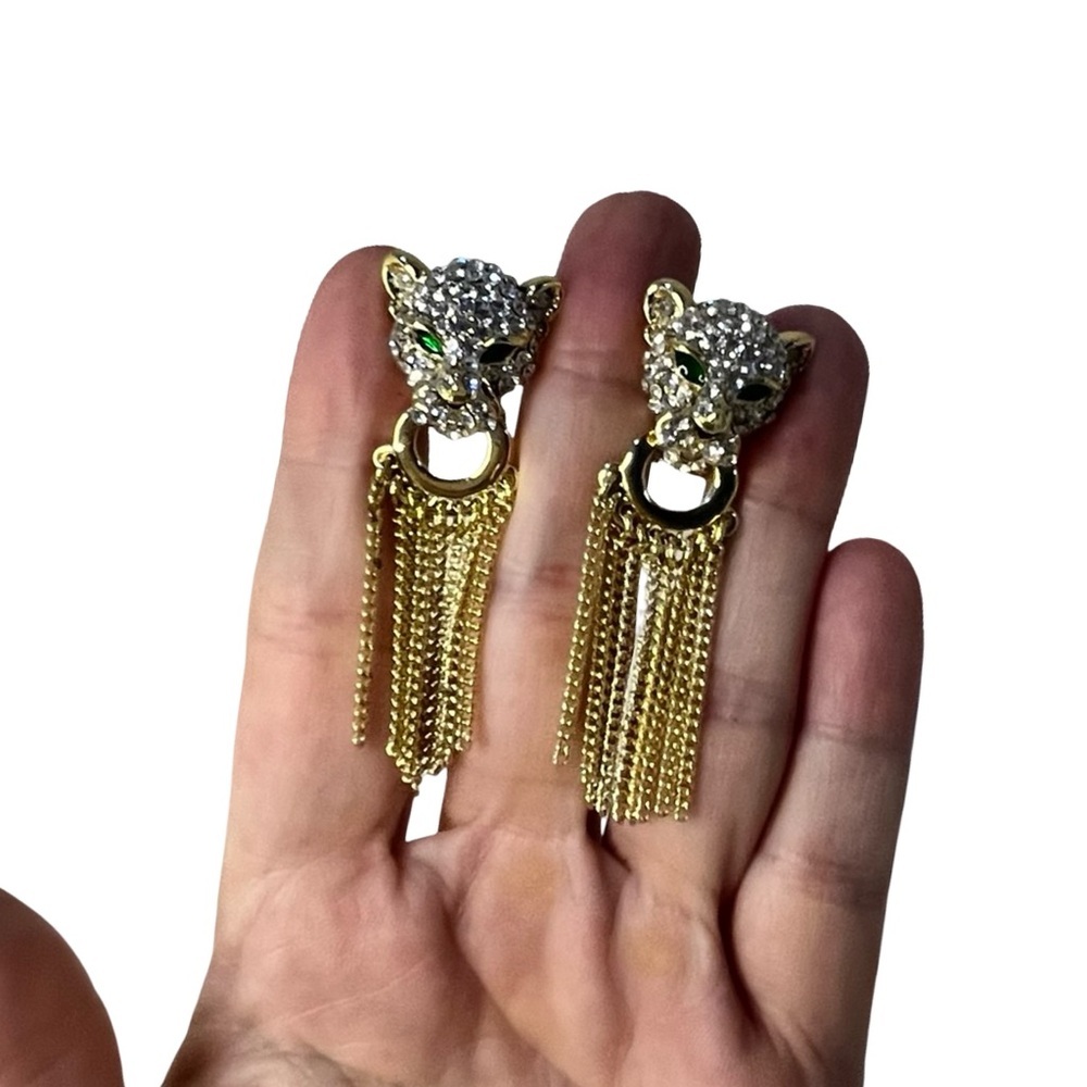 Gold and Green Crystal Panther Tassel Earrings